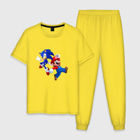 Мужская пижама хлопок с принтом Sonic and Mario в Курске, 100% хлопок | брюки и футболка прямого кроя, без карманов, на брюках мягкая резинка на поясе и по низу штанин
 | nintendo | марио | нинтендо