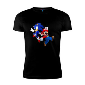 Мужская футболка премиум с принтом Sonic and Mario в Курске, 92% хлопок, 8% лайкра | приталенный силуэт, круглый вырез ворота, длина до линии бедра, короткий рукав | nintendo | марио | нинтендо