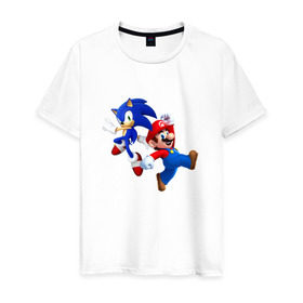 Мужская футболка хлопок с принтом Sonic and Mario в Курске, 100% хлопок | прямой крой, круглый вырез горловины, длина до линии бедер, слегка спущенное плечо. | nintendo | марио | нинтендо