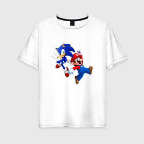 Женская футболка хлопок Oversize с принтом Sonic and Mario в Курске, 100% хлопок | свободный крой, круглый ворот, спущенный рукав, длина до линии бедер
 | nintendo | марио | нинтендо