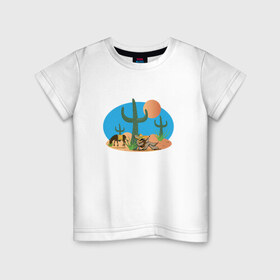 Детская футболка хлопок с принтом Мексиканский пейзаж в Курске, 100% хлопок | круглый вырез горловины, полуприлегающий силуэт, длина до линии бедер | Тематика изображения на принте: кактус | мексика | мексиканский пейзажпейзаж