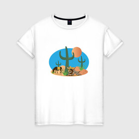Женская футболка хлопок с принтом Мексиканский пейзаж в Курске, 100% хлопок | прямой крой, круглый вырез горловины, длина до линии бедер, слегка спущенное плечо | Тематика изображения на принте: кактус | мексика | мексиканский пейзажпейзаж