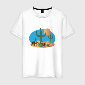 Мужская футболка хлопок с принтом Мексиканский пейзаж в Курске, 100% хлопок | прямой крой, круглый вырез горловины, длина до линии бедер, слегка спущенное плечо. | кактус | мексика | мексиканский пейзажпейзаж