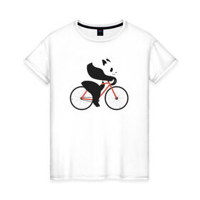 Женская футболка хлопок с принтом Панда на велосипеде в Курске, 100% хлопок | прямой крой, круглый вырез горловины, длина до линии бедер, слегка спущенное плечо | Тематика изображения на принте: панда