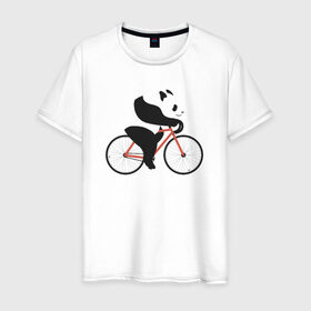 Мужская футболка хлопок с принтом Панда на велосипеде в Курске, 100% хлопок | прямой крой, круглый вырез горловины, длина до линии бедер, слегка спущенное плечо. | Тематика изображения на принте: панда