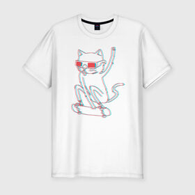 Мужская футболка премиум с принтом Кот скейтбордист в Курске, 92% хлопок, 8% лайкра | приталенный силуэт, круглый вырез ворота, длина до линии бедра, короткий рукав | борд | кот | кошки | очки | скейтборд | стерео | экстрим