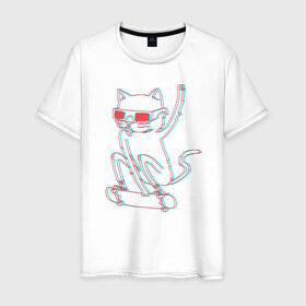 Мужская футболка хлопок с принтом Кот скейтбордист в Курске, 100% хлопок | прямой крой, круглый вырез горловины, длина до линии бедер, слегка спущенное плечо. | борд | кот | кошки | очки | скейтборд | стерео | экстрим