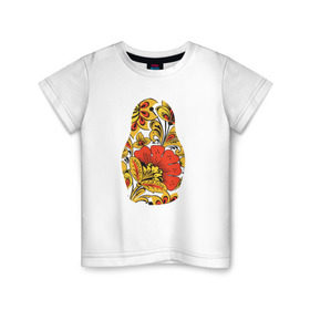 Детская футболка хлопок с принтом Матрёшка хохлома в Курске, 100% хлопок | круглый вырез горловины, полуприлегающий силуэт, длина до линии бедер | матрёшка | матрёшка хохломахохлома | орнамент | узор