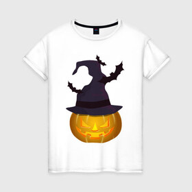 Женская футболка хлопок с принтом Тыква в колпаке в Курске, 100% хлопок | прямой крой, круглый вырез горловины, длина до линии бедер, слегка спущенное плечо | halloween | колпак | мистика | тыква | ужас | хеллоуин
