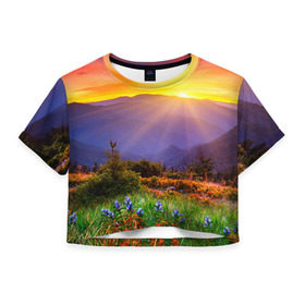 Женская футболка 3D укороченная с принтом Природа в Курске, 100% полиэстер | круглая горловина, длина футболки до линии талии, рукава с отворотами | горы | закат | облака | пейзаж