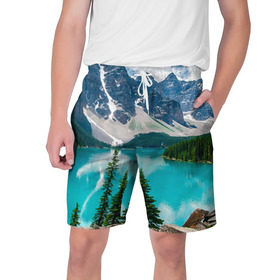 Мужские шорты 3D с принтом Озеро в Курске,  полиэстер 100% | прямой крой, два кармана без застежек по бокам. Мягкая трикотажная резинка на поясе, внутри которой широкие завязки. Длина чуть выше колен | Тематика изображения на принте: горы | облака | пейзаж