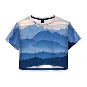 Женская футболка 3D укороченная с принтом Горы в Курске, 100% полиэстер | круглая горловина, длина футболки до линии талии, рукава с отворотами | горы | облака | пейзаж