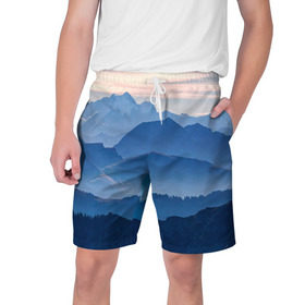 Мужские шорты 3D с принтом Горы в Курске,  полиэстер 100% | прямой крой, два кармана без застежек по бокам. Мягкая трикотажная резинка на поясе, внутри которой широкие завязки. Длина чуть выше колен | Тематика изображения на принте: горы | облака | пейзаж