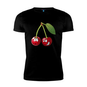 Мужская футболка премиум с принтом Вишня в Курске, 92% хлопок, 8% лайкра | приталенный силуэт, круглый вырез ворота, длина до линии бедра, короткий рукав | вишнявишня | смайл | смайлик | улыбка | фрукты