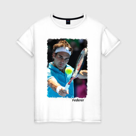 Женская футболка хлопок с принтом Роджер Федерер в Курске, 100% хлопок | прямой крой, круглый вырез горловины, длина до линии бедер, слегка спущенное плечо | roger federer | роджер федерер | теннис | чампион