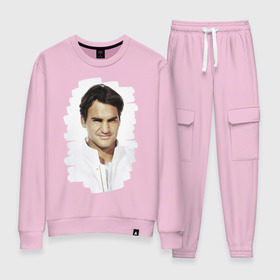 Женский костюм хлопок с принтом Roger Federer в Курске, 100% хлопок | на свитшоте круглая горловина, мягкая резинка по низу. Брюки заужены к низу, на них два вида карманов: два 