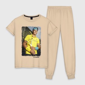 Женская пижама хлопок с принтом Рафаэль Надаль в Курске, 100% хлопок | брюки и футболка прямого кроя, без карманов, на брюках мягкая резинка на поясе и по низу штанин | rafael nadal | рафаэль надаль | теннис | чемпион