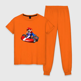 Женская пижама хлопок с принтом Mario Kart в Курске, 100% хлопок | брюки и футболка прямого кроя, без карманов, на брюках мягкая резинка на поясе и по низу штанин | nintendo | карт | марио | нинтендо