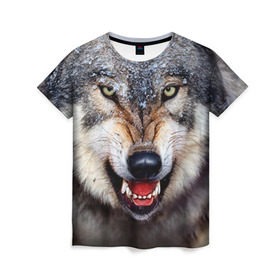 Женская футболка 3D с принтом Волк в Курске, 100% полиэфир ( синтетическое хлопкоподобное полотно) | прямой крой, круглый вырез горловины, длина до линии бедер | волк | животные | злой волк | зубы | оскал