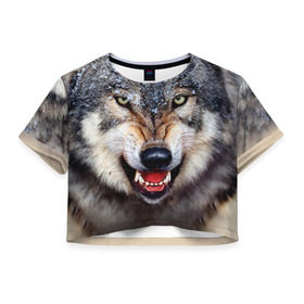 Женская футболка 3D укороченная с принтом Волк в Курске, 100% полиэстер | круглая горловина, длина футболки до линии талии, рукава с отворотами | волк | животные | злой волк | зубы | оскал