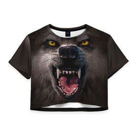 Женская футболка 3D укороченная с принтом Злой волк в Курске, 100% полиэстер | круглая горловина, длина футболки до линии талии, рукава с отворотами | волк | животные | злой волк | зубы | оскал
