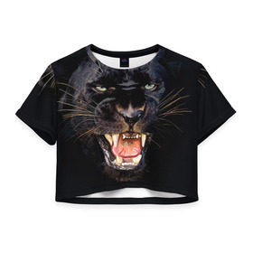 Женская футболка 3D укороченная с принтом Пантера в Курске, 100% полиэстер | круглая горловина, длина футболки до линии талии, рукава с отворотами | животные | зубы | киса | киска | кошка | оскал | пантера