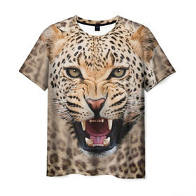Мужская футболка 3D с принтом Леопард в Курске, 100% полиэфир | прямой крой, круглый вырез горловины, длина до линии бедер | животные | зубы | киса | киска | кошка | леопард | оскал