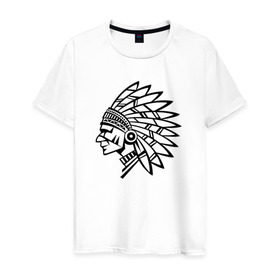 Мужская футболка хлопок с принтом Индеец в Курске, 100% хлопок | прямой крой, круглый вырез горловины, длина до линии бедер, слегка спущенное плечо. | вождь | индеец | индеецперья | индейцы | узоры