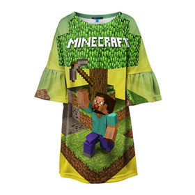 Детское платье 3D с принтом Minecraft в Курске, 100% полиэстер | прямой силуэт, чуть расширенный к низу. Круглая горловина, на рукавах — воланы | Тематика изображения на принте: крипер
