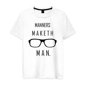 Мужская футболка хлопок с принтом Kingsman Manners maketh man. в Курске, 100% хлопок | прямой крой, круглый вырез горловины, длина до линии бедер, слегка спущенное плечо. | kingsman manners maketh man. кингсмен