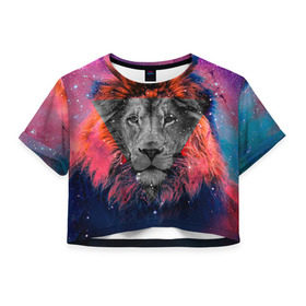 Женская футболка 3D укороченная с принтом Космический лев в Курске, 100% полиэстер | круглая горловина, длина футболки до линии талии, рукава с отворотами | hipster | leon | style | космос | лев | хипстер | хипстеры