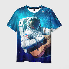 Мужская футболка 3D с принтом Космонавт с гитарой в Курске, 100% полиэфир | прямой крой, круглый вырез горловины, длина до линии бедер | гитара