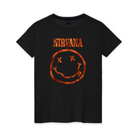 Женская футболка хлопок с принтом Nirvana fire в Курске, 100% хлопок | прямой крой, круглый вырез горловины, длина до линии бедер, слегка спущенное плечо | cobain | kurt | nirvana | кобейн | курт | нирвана | рок