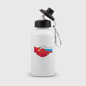 Бутылка спортивная с принтом Россия Китай в Курске, металл | емкость — 500 мл, в комплекте две пластиковые крышки и карабин для крепления | европа | китай | россия | руки | сила