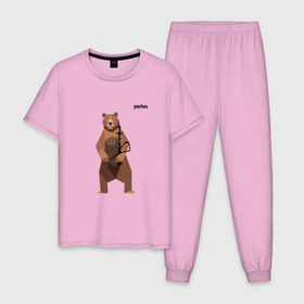 Мужская пижама хлопок с принтом Медведь Plan B №2 (чёрный) в Курске, 100% хлопок | брюки и футболка прямого кроя, без карманов, на брюках мягкая резинка на поясе и по низу штанин
 | Тематика изображения на принте: planb | кальян | медведь | на макете изображен бурый медведь с кальяном | планб