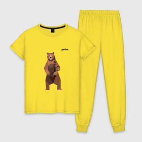 Женская пижама хлопок с принтом Медведь Plan B №2 (чёрный) в Курске, 100% хлопок | брюки и футболка прямого кроя, без карманов, на брюках мягкая резинка на поясе и по низу штанин | planb | кальян | медведь | на макете изображен бурый медведь с кальяном | планб