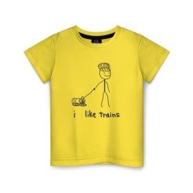 Детская футболка хлопок с принтом Я люблю поезда в Курске, 100% хлопок | круглый вырез горловины, полуприлегающий силуэт, длина до линии бедер | вагоны | метро | поезд | транспорт | человечек