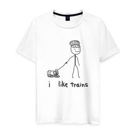 Мужская футболка хлопок с принтом Я люблю поезда в Курске, 100% хлопок | прямой крой, круглый вырез горловины, длина до линии бедер, слегка спущенное плечо. | вагоны | метро | поезд | транспорт | человечек