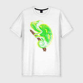 Мужская футболка премиум с принтом Кислотный Хамелеон в Курске, 92% хлопок, 8% лайкра | приталенный силуэт, круглый вырез ворота, длина до линии бедра, короткий рукав | амфибия | животное | кислота | хамелеон