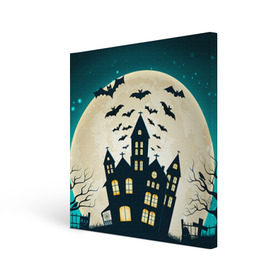 Холст квадратный с принтом Хэллоуин. Замок в Курске, 100% ПВХ |  | halloween | замок | праздник | тыква | хэллоуин