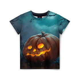 Детская футболка 3D с принтом Тыква в Курске, 100% гипоаллергенный полиэфир | прямой крой, круглый вырез горловины, длина до линии бедер, чуть спущенное плечо, ткань немного тянется | Тематика изображения на принте: halloween | праздник | тыква | хэллоуин