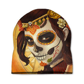 Шапка 3D с принтом Девушка. Сахарный череп в Курске, 100% полиэстер | универсальный размер, печать по всей поверхности изделия | halloween | девушка | праздник | сахарный череп | тыква | хэллоуин | череп