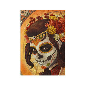 Обложка для паспорта матовая кожа с принтом Девушка. Сахарный череп в Курске, натуральная матовая кожа | размер 19,3 х 13,7 см; прозрачные пластиковые крепления | Тематика изображения на принте: halloween | девушка | праздник | сахарный череп | тыква | хэллоуин | череп