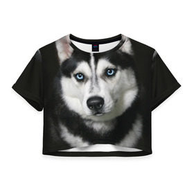 Женская футболка 3D укороченная с принтом Хаски в Курске, 100% полиэстер | круглая горловина, длина футболки до линии талии, рукава с отворотами | животные | собака | хаски