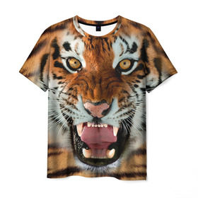 Мужская футболка 3D с принтом Тигр в Курске, 100% полиэфир | прямой крой, круглый вырез горловины, длина до линии бедер | животные | зубы | кошка | тигр