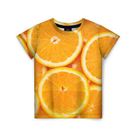 Детская футболка 3D с принтом Апельсин в Курске, 100% гипоаллергенный полиэфир | прямой крой, круглый вырез горловины, длина до линии бедер, чуть спущенное плечо, ткань немного тянется | апельсин | еда | лимон | фрукт