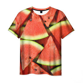 Мужская футболка 3D с принтом Дольки арбуза в Курске, 100% полиэфир | прямой крой, круглый вырез горловины, длина до линии бедер | арбуз | дольки арбуза | еда | фрукт | ягода