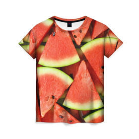 Женская футболка 3D с принтом Дольки арбуза в Курске, 100% полиэфир ( синтетическое хлопкоподобное полотно) | прямой крой, круглый вырез горловины, длина до линии бедер | Тематика изображения на принте: арбуз | дольки арбуза | еда | фрукт | ягода