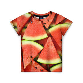 Детская футболка 3D с принтом Дольки арбуза в Курске, 100% гипоаллергенный полиэфир | прямой крой, круглый вырез горловины, длина до линии бедер, чуть спущенное плечо, ткань немного тянется | арбуз | дольки арбуза | еда | фрукт | ягода