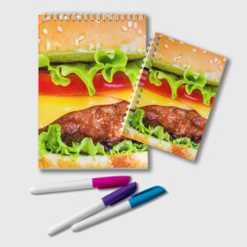 Блокнот с принтом Гамбургер в Курске, 100% бумага | 48 листов, плотность листов — 60 г/м2, плотность картонной обложки — 250 г/м2. Листы скреплены удобной пружинной спиралью. Цвет линий — светло-серый
 | Тематика изображения на принте: бутерброд | гамбургер | еда | фастфуд | чизбургер